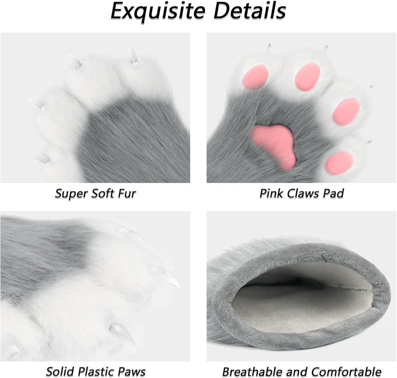hbbhml Faux Fur Plush Furry Cat Claw Gloves Fursuit Animal Fox Paws Mittens Halloween Cosplay Costume Accessories for Adult - Image 5